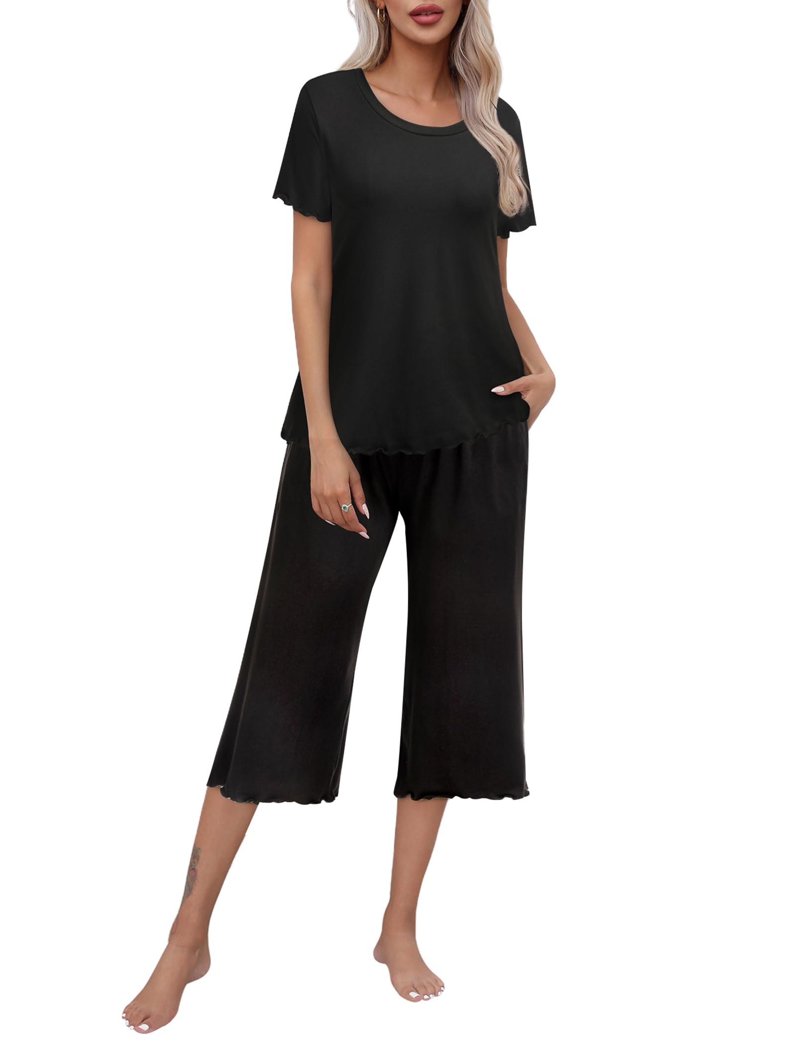 Women's Pajamas Set Short Sleeve Sleepwear Top Capri Pants Pjs Sets ...