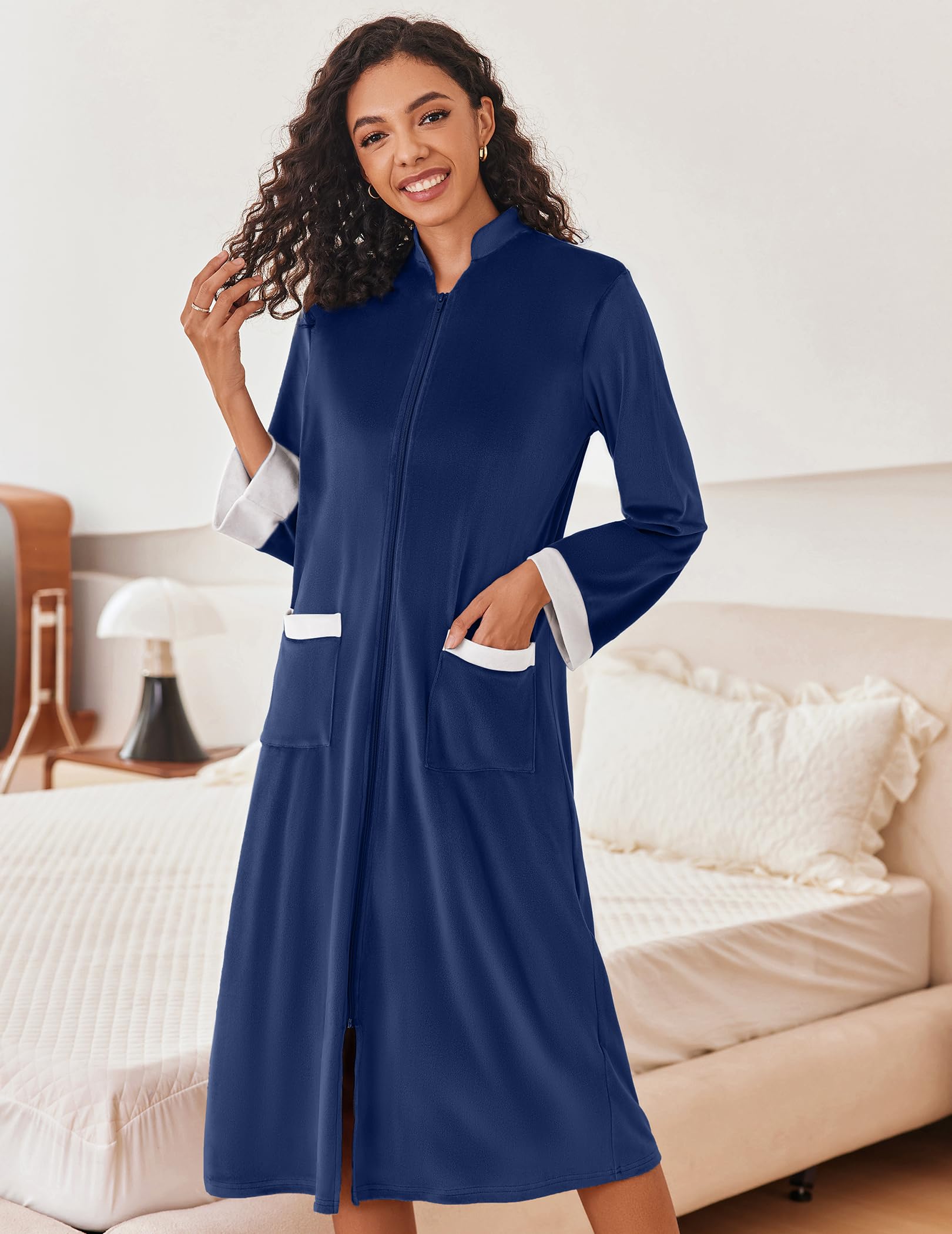 Routine Robe Women zip up robe long sleeve mock neck contrast trim fleece soft with ...