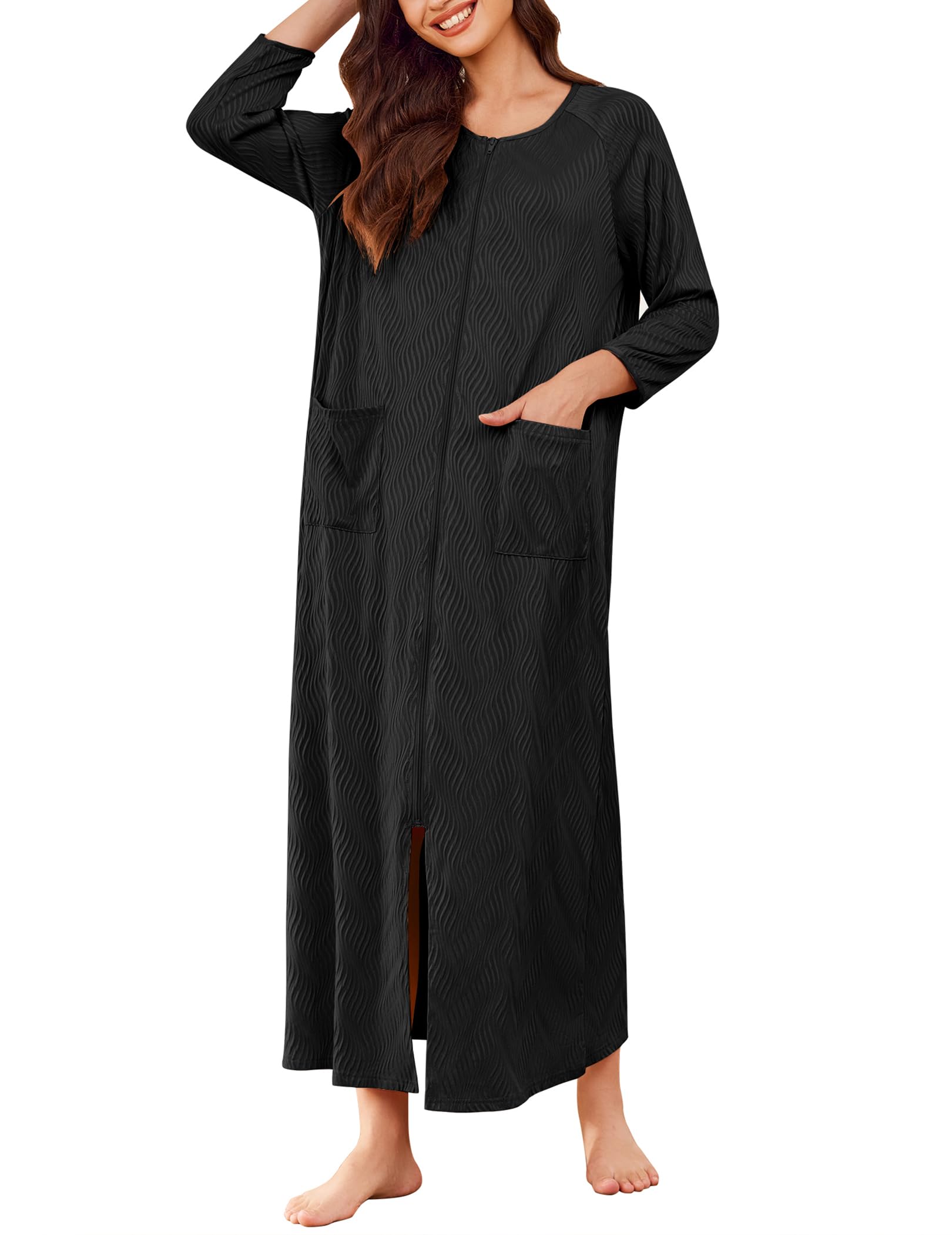 Zipper Front Robe Pattern Zipper Robes for Women Ribbed Knit Bathrobe Lightweight