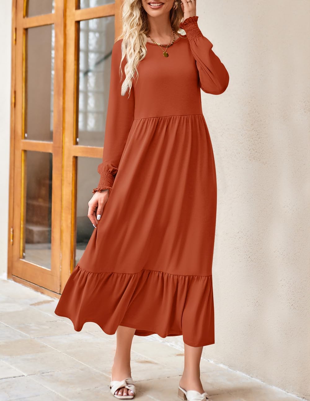 Women's Dress long sleeve crewneck pleated tiered swing maxi dress with ...