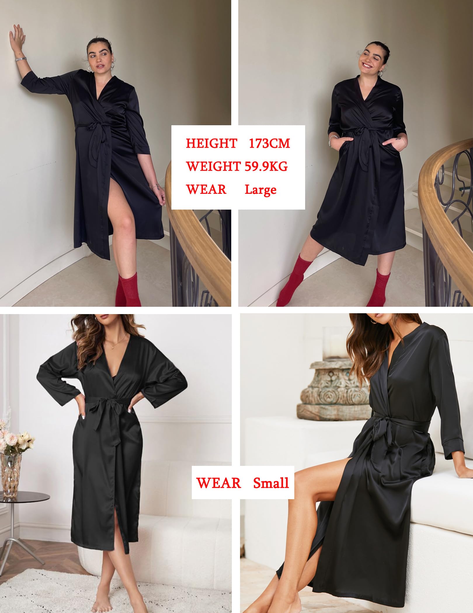 Bottom Robe Women's satin long robe back attached belt inside tie 4/3 sleeve side ...